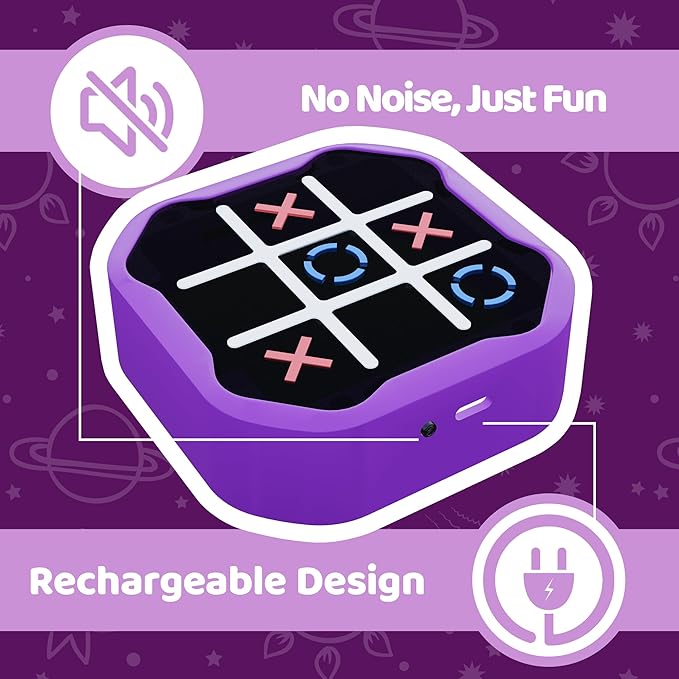 4-in-1 Rechargeable Electronic Tic Tac Toe Game – Handheld Travel Toy with Memory & Whack-a-Mole, Silent Mode, Fun for Kids & Adults, Gift for Kids Age 3+, Purple