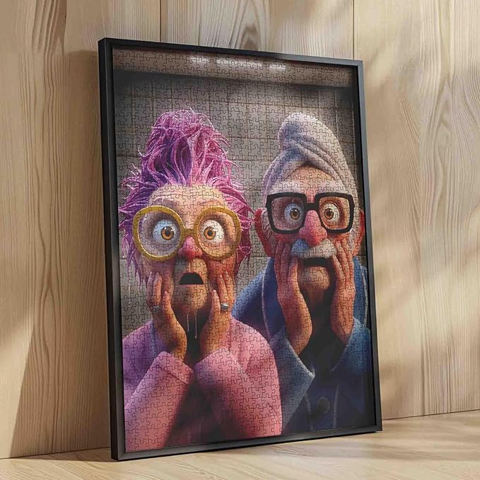 Funny Elderly Couple Bathroom Scene Jigsaw Puzzle for Adults 1000 Pieces Cartoon Style Whimsical Art Puzzle 20×27 Inches Colorful Bathrobe and Glasses Puzzles for Seniors Educational Game