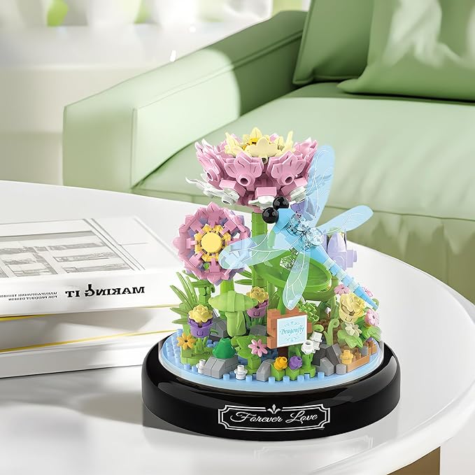 HI-REEKE Flower Dragonfly Bouquet Building Block Set, Micro Mini Botanical Building Toy for Women-568 PCS