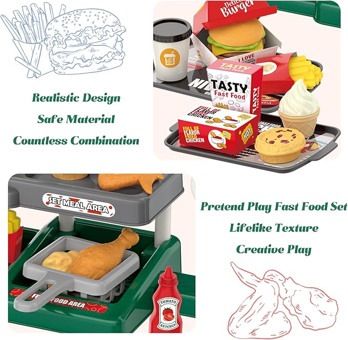 Kids Fast Food Pretend Play Set with Realistic Coffee Maker, Card Reader, Cash Register, Play Food (Burger, Fries, Sandwich), Play Money - Educational Toy Kitchen for Ages 3+
