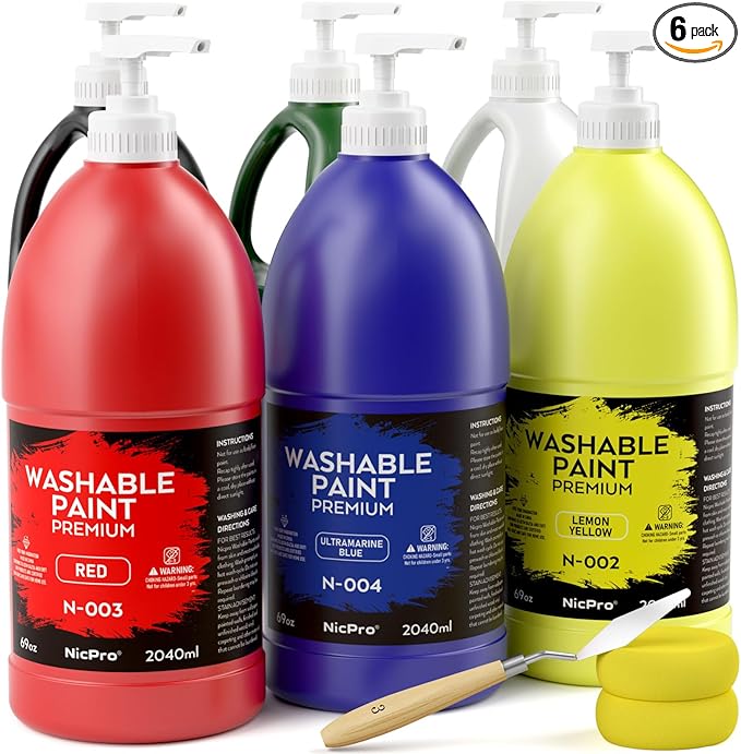 Nicpro 6 Colors Large Washable Acrylic Paint Set (69 oz, 2040ml), Non-Toxic Children Tempera Paint for Art, Craft, School & Home
