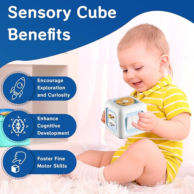 Airplane Toys for Toddlers 1-3, Activity Cube Montessori for 6-12 Months, Sensory Toys Busy Board for 12-18 Months, Travel Cube for 1 Year Old Boys, Birthday Gifts for 1 Year Old Boys Girls, Blue