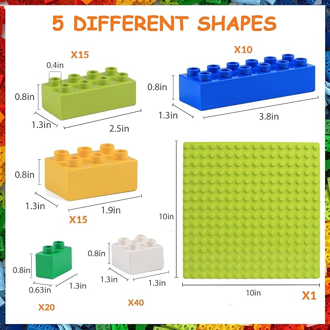 Building Blocks Set for Kids with Baseplate Big Building Bricks 101Pcs Classic Bulk Sensory Toy for Kids Toddlers Boys Girls 15 Random Colors Birthday Gift Compatible with Lego All Major Brand