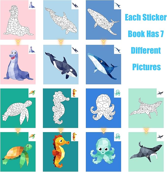 AEAHALY 2 Pack Crafts for Kids Ages 4-8 Paint by Sticker, Reusable Sticker Book for Kids Ages 4-8 Boys and Girls Birthday Gifts Party Favor, Travel Activity Book Set for Learning (Dinosaur+Ocean)