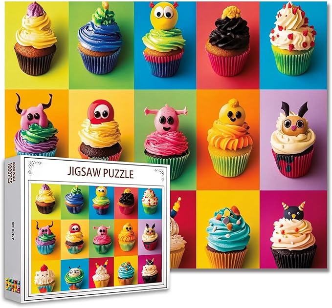 Weird Design Cupcakes Jigsaw Puzzles for Adults 1000 Pieces, Monster Quirky Face Cupcake Puzzle Art 27 x 20 Inches Different Cupcakes DIY Puzzles for Home Decoration, Family Puzzle for Game Nights