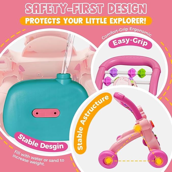 Baby Walker Toys,Push Walker for Boys & Girls Learning to Walk,Sit to Stand Early Educational Toys,Activity Center for Infant,Christmas Birthday Gift for Toddler 6-18 Months,Pink