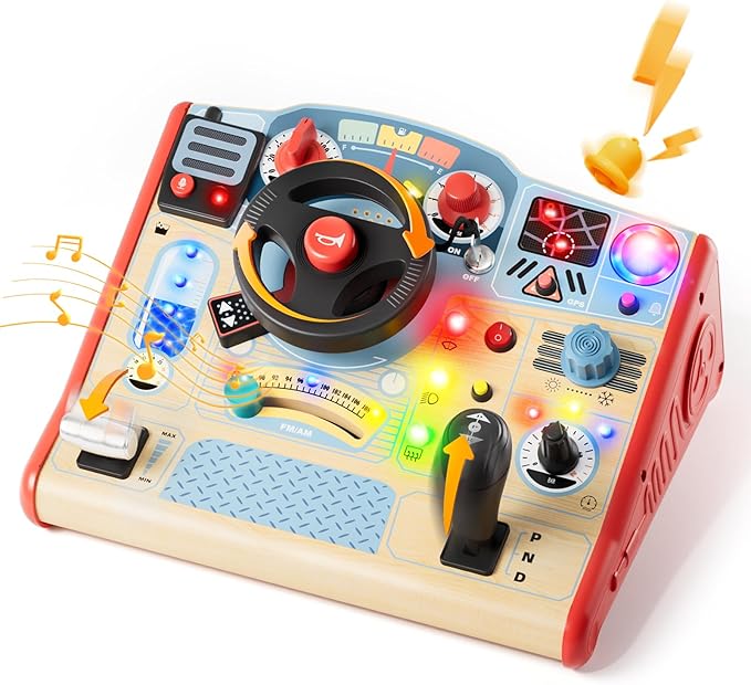 TOP BRIGHT Busy Board with LED Light, Sensory Toys with Sounds & Switches, Montessori Wooden Toys for 3 4 5 Year Old, Car Driving Toy for Toddler Boy, 3 Year Old Girl Boy Gifts for Birthday Christmas