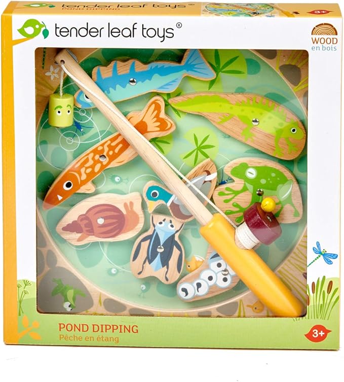 Tender Leaf Toys - Pond Dipping - Wooden Magnetic Fishing Toy for Kids - Length Adjustable Fishing Rod and 8 Pond Animals with Numbers at the Back - Develops Fine Motor Skills, Early Learning - Age 3+