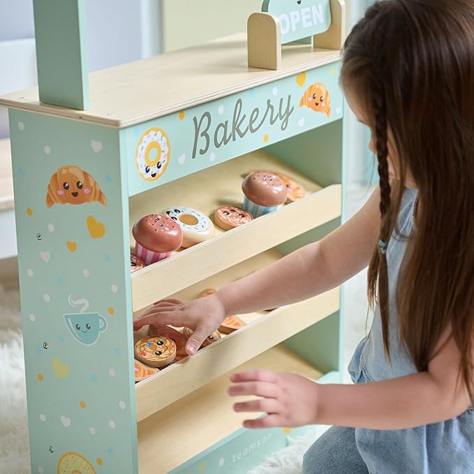 Teamson Kids Jolly Pals Wooden Bakery Market Stand Pretend Playset for Kids Ages 3+, Pastry Play Food Rotating Open/Close Sign, Hidden Storage Educational Role-Play, Pretend Play Wooden Market Stall