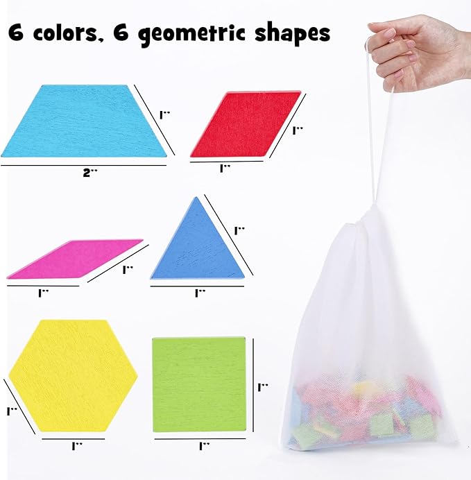 3 otters Wooden Pattern Blocks Shapes for Kids, Geometric Tangram Puzzle with Activity Cards, 150 PCS Educational Toy