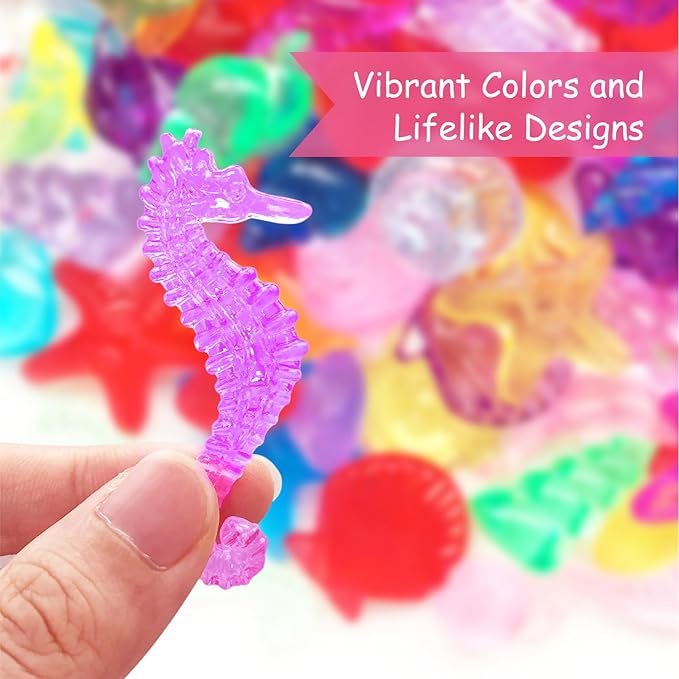 100+ Pcs Sea Shell Ocean Sensory Bin Filler, Diving Gem Pool Toys for Kids, Mini Acrylic Plastic Seashells Animals Figurines Decorating, Little Mermaid Party Favors, 15 Colors 12 Styles