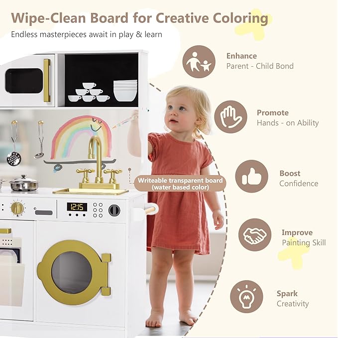 Kinder King Wooden Kids Play Kitchen, Toy Kitchen Playset for Toddler, Play Kitchen Set w/Transparent Coloring Board, Pretend Fridge, Washing Machine, Ice Maker, Gift for Boys Girls Age 3+, White