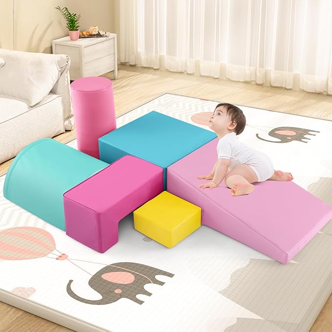 Costzon Toddler Climbing, 6 Pieces Climb and Crawl Playset with PU Cover for Baby Crawling, Climbing & Walking, Indoor Foam Climbing Blocks for Toddlers (Pink)
