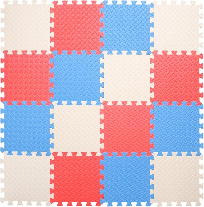Foam Play Mat for Baby, 0.4 Inch Thick Foam Interlocking Floor Mats, Soft Non-Toxic Baby Playmat, Solid Colored Puzzle Play Mat Kids Floor Mats for Toddler, 16 Tiles(White/Red/Blue)