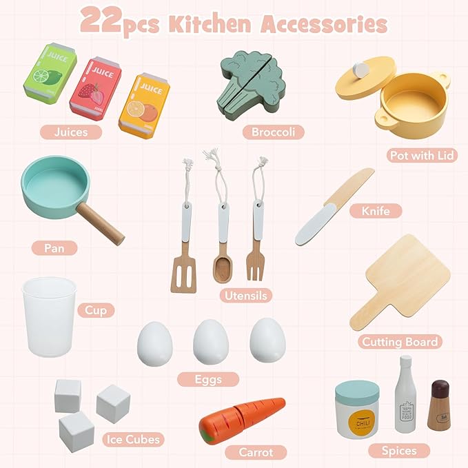 Costzon Corner Kitchen Playset, Kitchen Toy Set w/Real Lights & Sounds, Large Fridge, Ice Maker, Oven, Microwave, Washer, Trash Can & 22 Accessories, Wooden Pretend Play Kitchen for Kids 3+ (Pink)