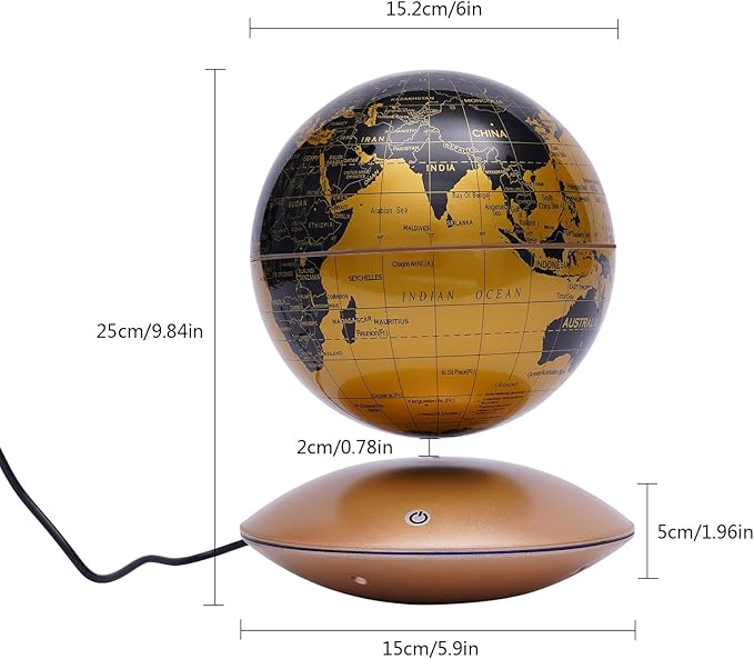 Floating Magnetic Levitation LED Globe, 6 Inch, Gold, Political Map, Metal Base