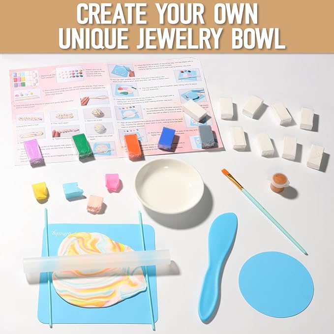 Make Your Own Clay Jewelry Bowls Arts and Crafts Kit for Teen Girl, DIY Clay Jewelry Dish Kit, Polymer Clay Crafts for Girls, Fun Birthday Gift for Teens Girls Kids Ages 8 9 10 11 12 Years Old