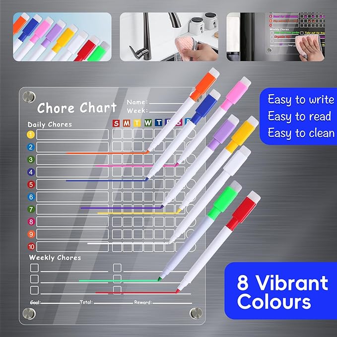 Acrylic Magnetic Chore Chart for Kids & Adults, 12"x9.5" Clear Dry Erase Reward Board - Behavior and Responsibility Refrigerator Chart for at Home Multiple Kids, Teens(w/ 8 Markers & Towel)