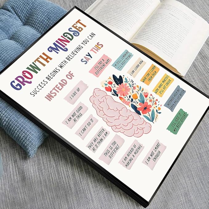uoyien Growth Mindset Mental Health Posters Classroom Counseling Room Therapy Wall Decor Affirmations Quotes Canvas Wall Art Kids Special Educational Brain Neurodiversity Prints 16x22in Metal Framed