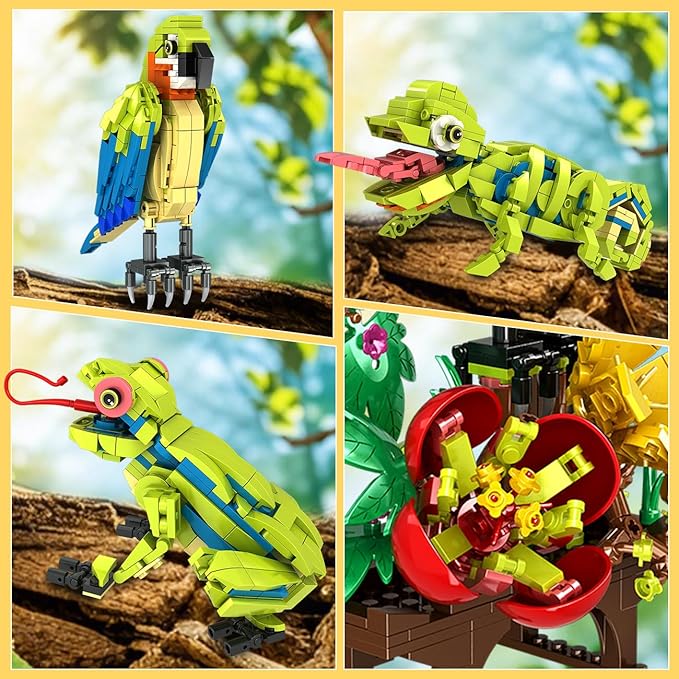 HOGOKIDS 3 in 1 Flowers Frog Parrot Lizard Building Set - Botanical & Animals Figures Building Toy for Home Office Art Decor Display Transforms Model Learning Gift for Adults Kids Boys Girls(672PCS)