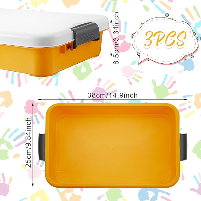 Suzile 3 Pcs Portable Sensory Bin Sand Tray with Lid, 15 Inch Colorful Plastic Sandbox Toy, Large Play Tray Fill with Sand, Water, Beads, and More, 3 Colors(Blue, Orange, Pink)