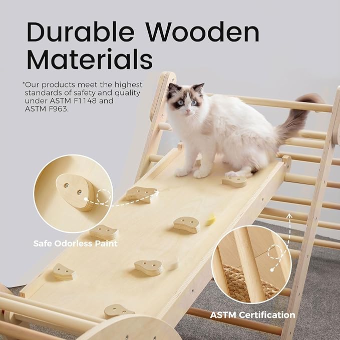 Tiny Land Pikler Triangle Set, 7-in-1 Foldable Pikler Triangle Climbing Toys Set for Kids,Baby Indoor Playground Jungle Gym, Wooden Montessori Climbing Set for Toddler (Natural,Large)