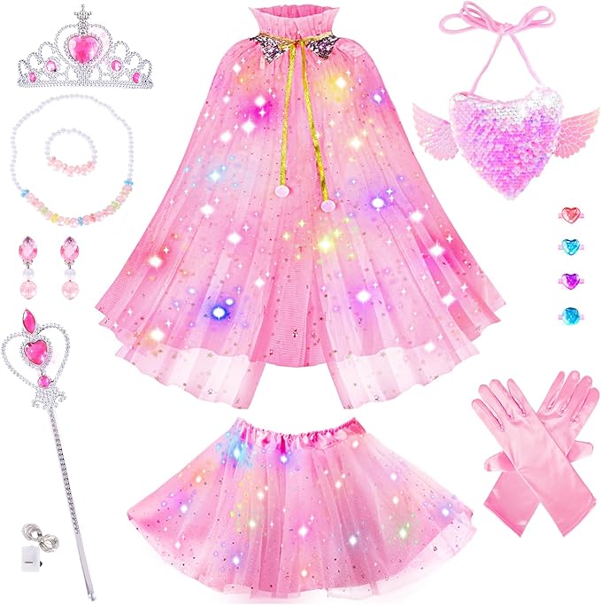 Princess Dress Up Clothes for Little Girl, Light Up Princess Cape Set with Crown, Princess Dresses for Girls 3-8 Role Play, Princess Toy Gift for Halloween Christmas Birthday Party