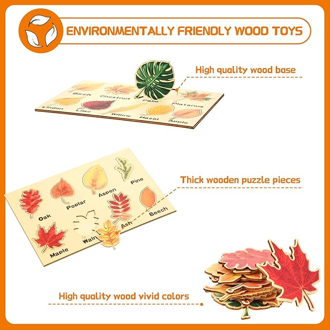 Kathfly 2 Pieces Leaf Wooden Jigsaw Puzzles Leaf Puzzle Montessori Toy Early Educational Learning for Birthday Gift Early Education School(Cute)