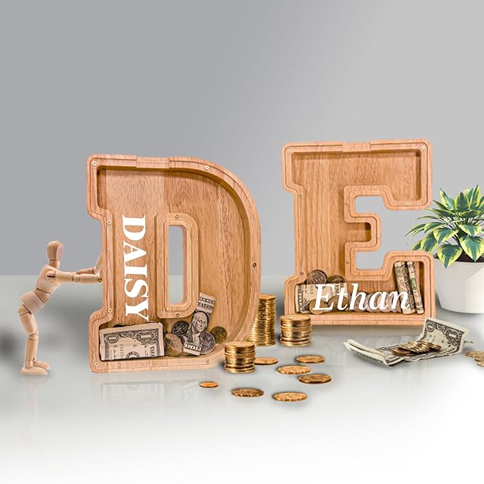 Wooden Letter Piggy Bank for Kids Larger Letter Piggy Bank for Boys and Girls Personalized Piggy Bank Initial Coin Bank Wood Kids Money Bank for Birthday and Festival
