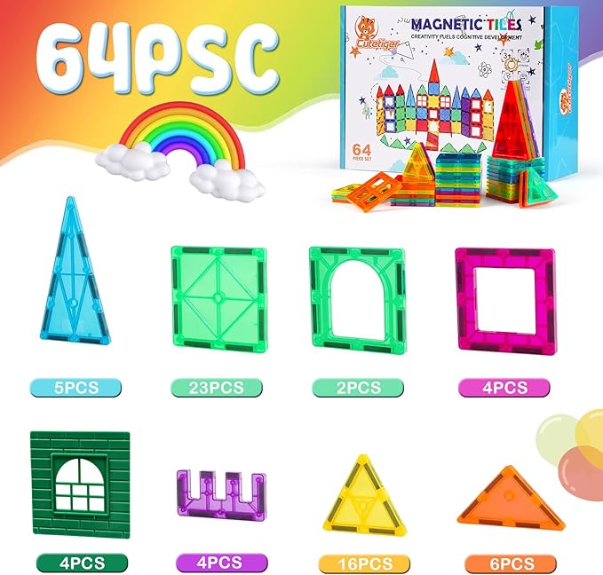 CuteTiger Magnetic Tiles, 64PCS Magnet Building Toys, Magnetic Building Set, Stacking Blocks, Perfect STEM Toys Gift for Kids Boys and Girls