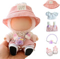 Clothes for Dolls Accessories (No Doll), Cute Outfit Set 5 Pieces Bib Pants for 15 & 17cm Doll Suit, Stylish Dress Up Overalls Doll Clothing Set Replacement with Hat Clothes Shoes Pink