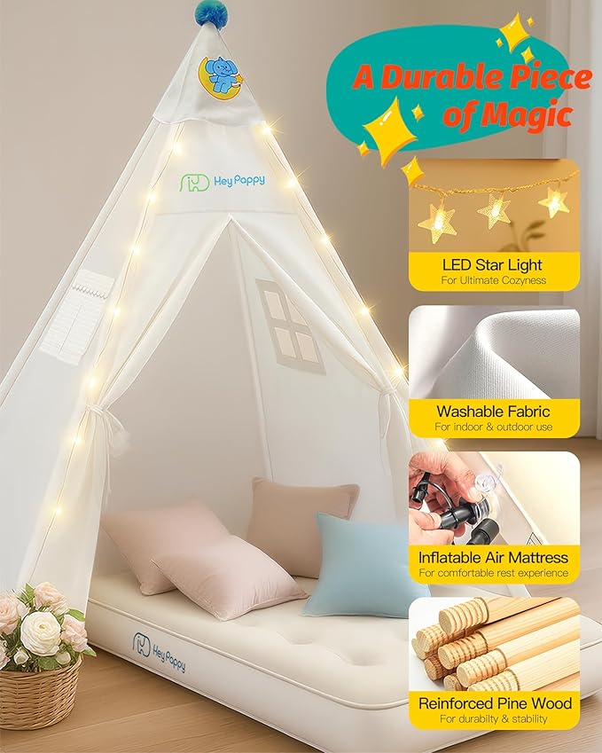 3 Pack Teepee Tent for Kids with Inflatable Airbed, Light, Toddler Tent Children Room Tents, Slumber Party Sleepover Tents, Indoor Outdoor Kids Playtent Playhouse for Girls & Boys