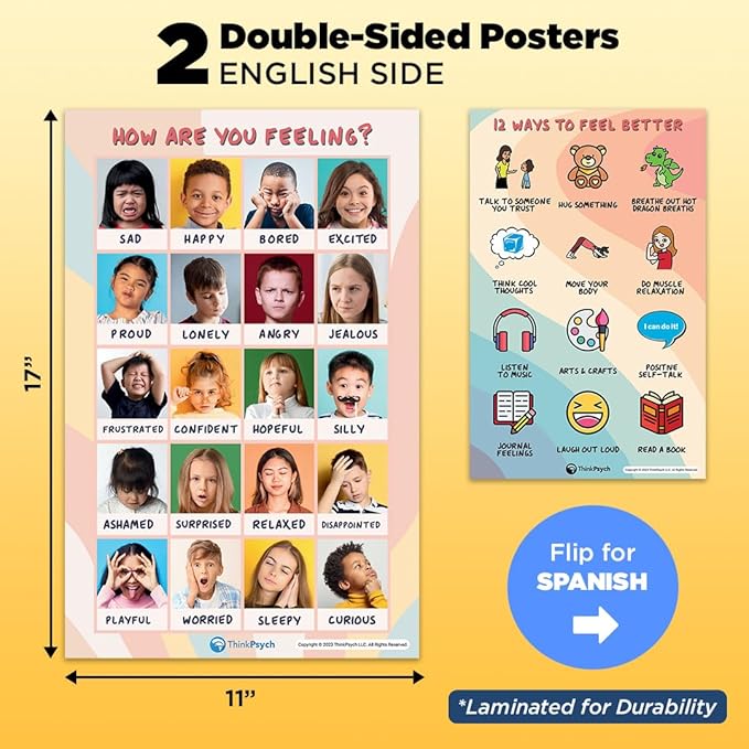 2 Laminated Feelings Posters for Kids - English & Spanish - Calm Down Corner Supplies - Therapy & School Counselor Supplies - Emotions Posters for Home and Calming Corner Classroom