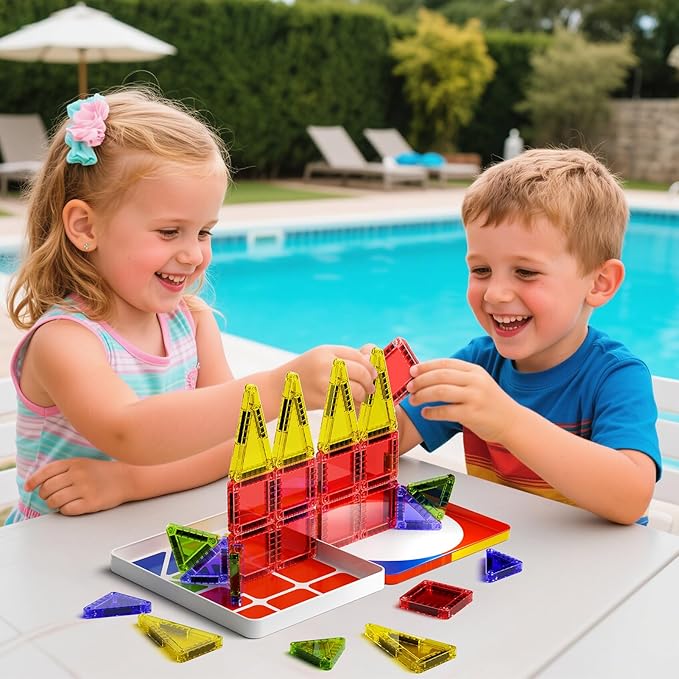 Mini Magnetic Tiles with Iron Case, Magnetic Building Toys Kid's Travel Essential Portable Creativity On-The-Go Magnet Blocks STEM Travel Toys for Toddler Boys Girls Ages 3+, 26-Piece