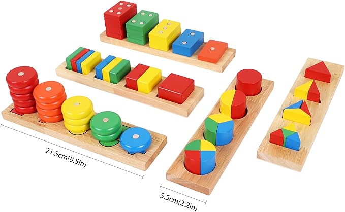 TOWO Wooden Geometric Shapes Stacking Rings and Fractions Boards 8 in 1 Set Puzzles- Shape Sorter Sorting Toy Stacking Game – Montessori Materials Educational Learning Toys for 3 4 5 6 Years