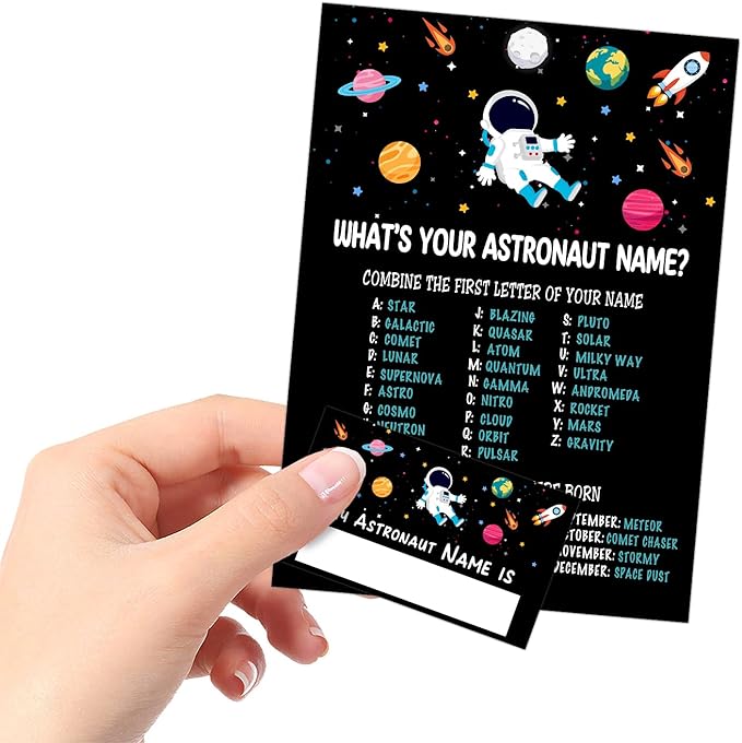 What is Your Astronaut Name Game, Game Sign and 30 Cards, Astronaut Birthday Party Sign for Boys and Girls, Holiday Activity, Kids Astronaut Activity Cards, Astronaut Activity Decoration Supplies