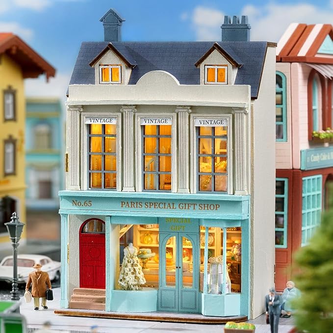 DIY Miniature House Kit, CUTEROOM Wooden Dollhouse Kit Mini House Making Kit with Furnitures, DIY Dollhouse Kit Birthday Gift for Women and Girls (Gift Shop)
