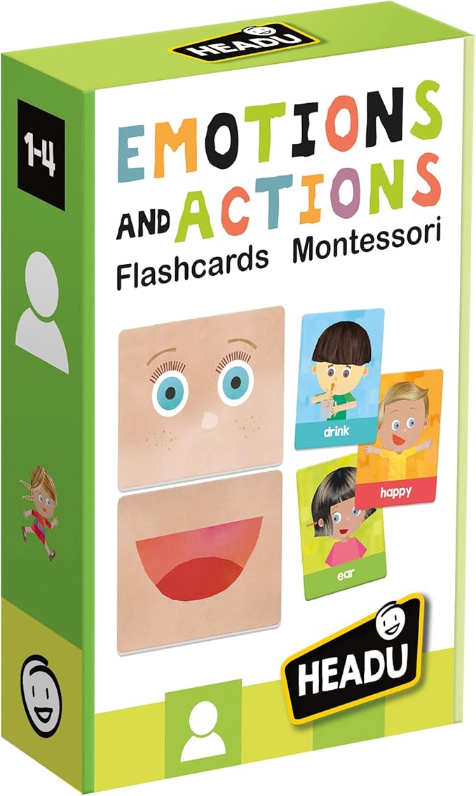 Headu Emotions and Actions Flash Cards Montessori – Social Emotional Learning Activities Ages 1-4, Educational Toddler Flashcards for 1 2 3 4 Year Old Boys Girls, Autism Materials, Teaching Games