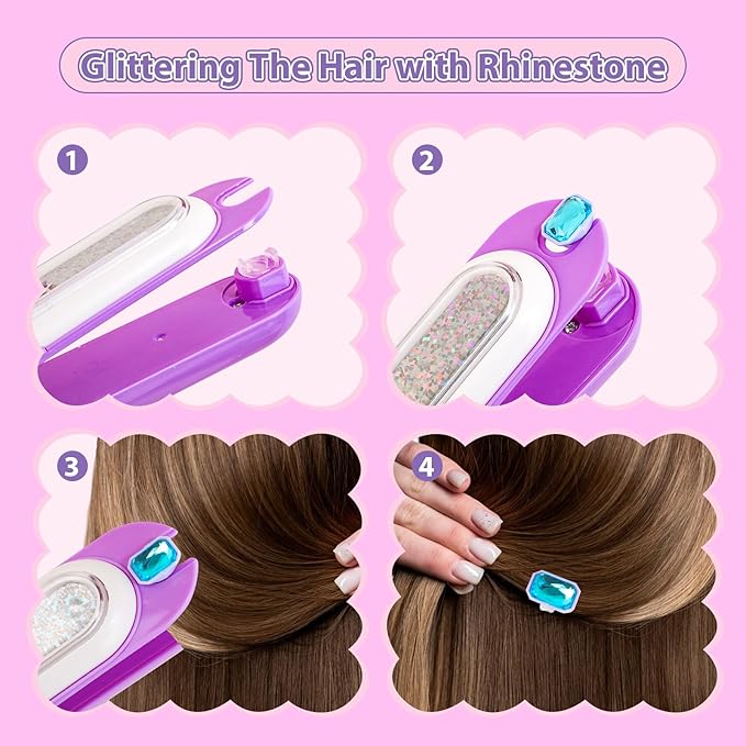 Hair Gem Stamper Kit, Bling Hair Jewels for Girls Toys, Hair Styling Tool with Reusable Shining Diamonds, Birthday Gifts Toys for Girls Ages 3 4 5 6 8-12 (Purple)