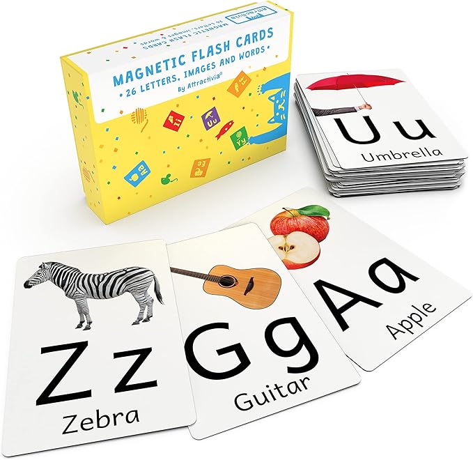 Magnetic Big Alphabet ABC Picture Flash Cards. 26 Sturdy Large Letters with First Words for Toddlers, Preschool and Kindergarten