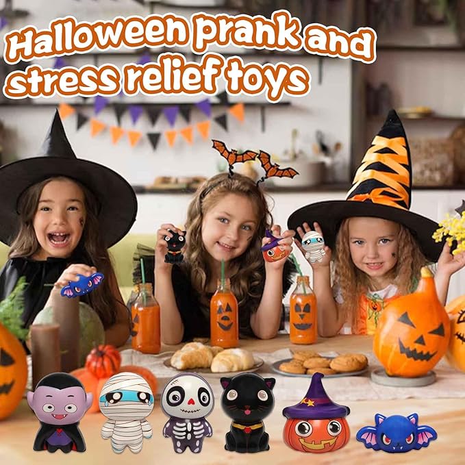 New 6 Packs-Halloween Squishies Toys Slow Rising, Gift Box Includes Pumpkin, Vampire,Black Cat,Mummy,Human Skeleton, Bat, Halloween Soft Stress Relief Toys for Girls,Boys,Kids Party(6pcs-4)