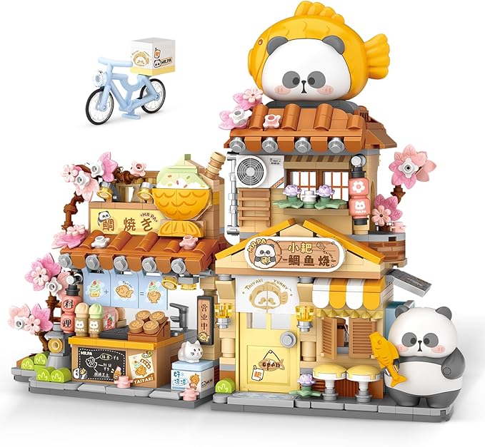 Japanese Street View Taiyaki Shop Mini Building Blocks, MOC Creative Building Toys Cute Panda Building Set for Kids 6-12, Simulation Architecture Construction Toy, Gift Idea for Kids Adults (858 PCS)