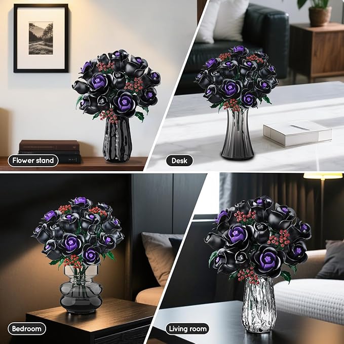 HOGOKIDS Flowers Bouquet Building Set - 15 Halloween Black Roses Botanical Collection Building Blocks Artificial Flower 330PCS Gothic Home Decor Christmas Birthday Gift for Adults Kids Girls Age 8+
