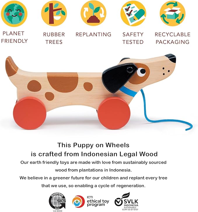 Mentari Toys - Puppy on Wheels - Wooden Dog Pull Toy for Toddlers - Natural Wood Toy with 7 inch Pull Chord, 4 Wheels, Rotating Ears - Enhances Motor Skills - Fosters Imaginative Play - Age 18M+