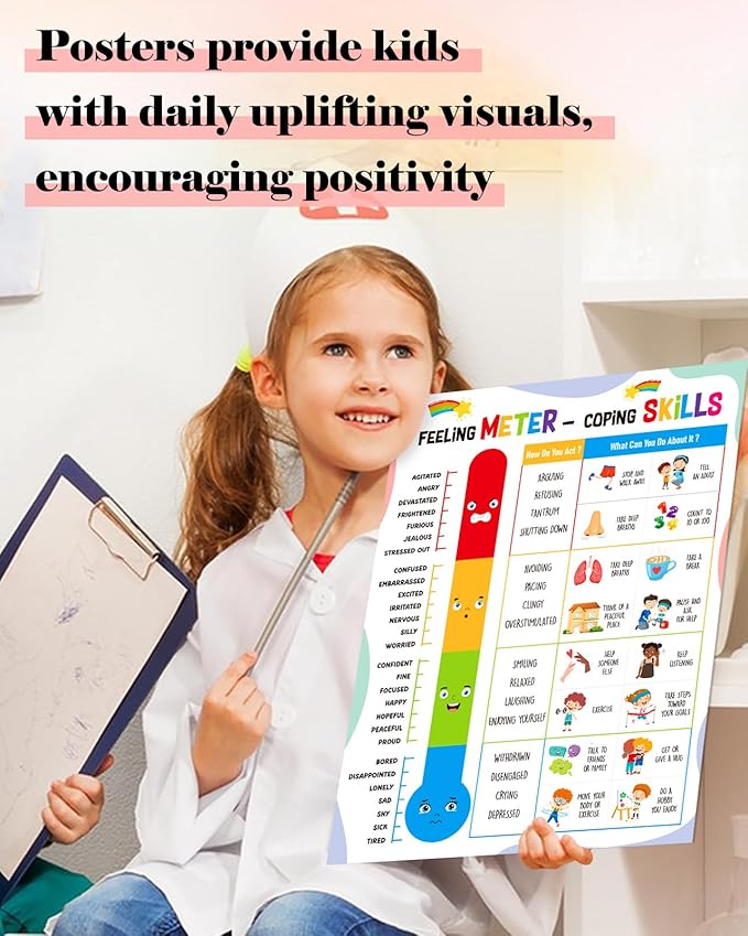 FLYAB Feelings Chart for Kids - Feeling Meter and Coping Skills Mental Health Posters Emotions Educational Poster for Toddlers 1-3 Kindergarten Preschool Classroom Calming Corner Decor