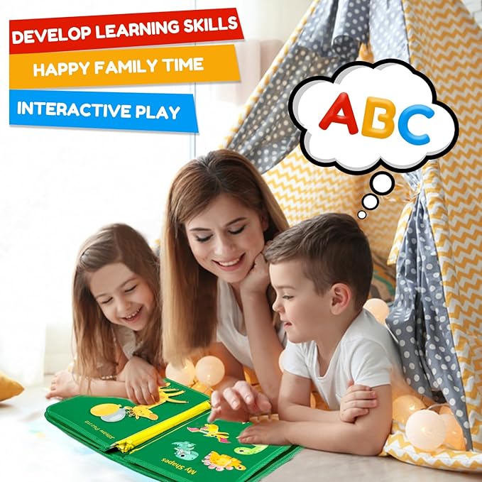 Qizfun Busy Board Montessori Toy for Toddlers, Educational Sensory Learning Toy for Fine Motor Skills, Preschool Travel Toy for Airplane & Car, Gifts for Boys and Girls