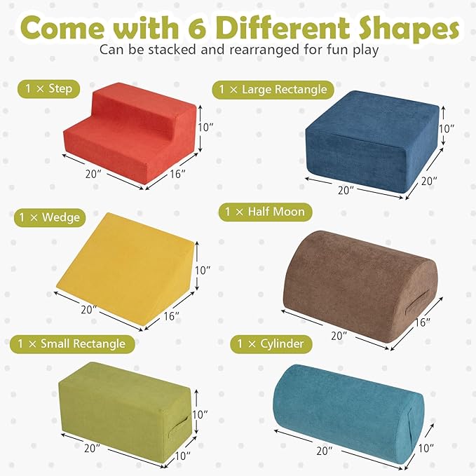 Costzon Toddler Climbing Toys Indoor, 6 Pieces Foam Climbing Blocks for Baby w/Skin-Friendly Chenille Fabric, 30D High-Density Foam & Carrying Handles, Soft Play Climbing for Toddler (Assorted)