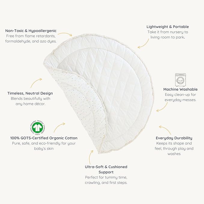MakeMake Organics Organic Play Mat GOTS Certified Organic Cotton Nursery Floor Machine Washable Reversible Non Toxic Activity Mat Tummy Time Crawling Pad Thick Quilted (Round 48", Dotty + Solid Ivory)