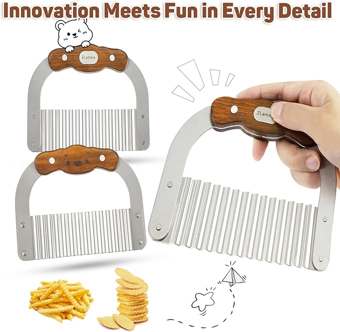 Crinkle Cutter Knife for Kids Slicer Veggies & Fruits with Safe Rounded Tip, Bear-Shape Wavy Cutter with Rosewood Handle & Japanese 420J2 Stainless Steel Blade
