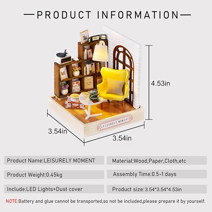 CUTEROOM DIY Doll House Miniature Furniture Wooden House Kit with Dust Cover & LED Light and Accessories-Leisure Moment